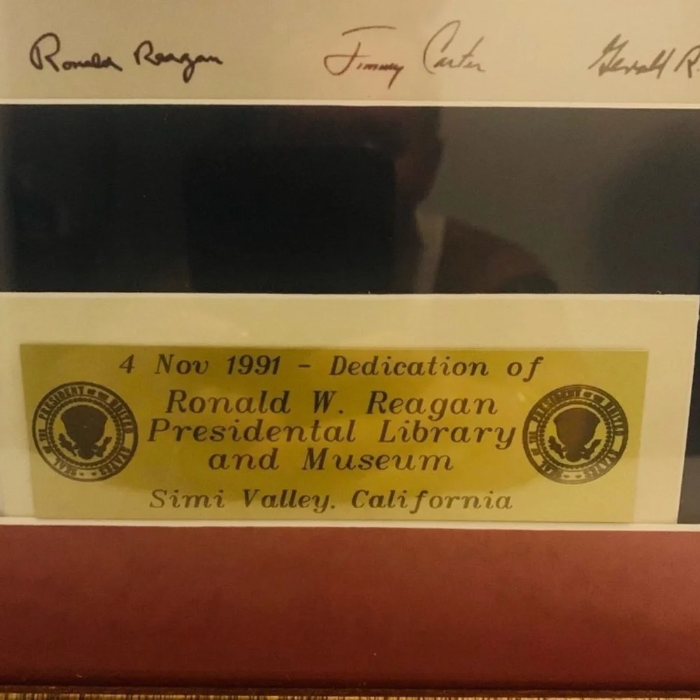 FRAMED PRESIDENTIAL GATHERING PHOTO. CARTER, NIXON, BUSH SR., REAGAN & FORD
